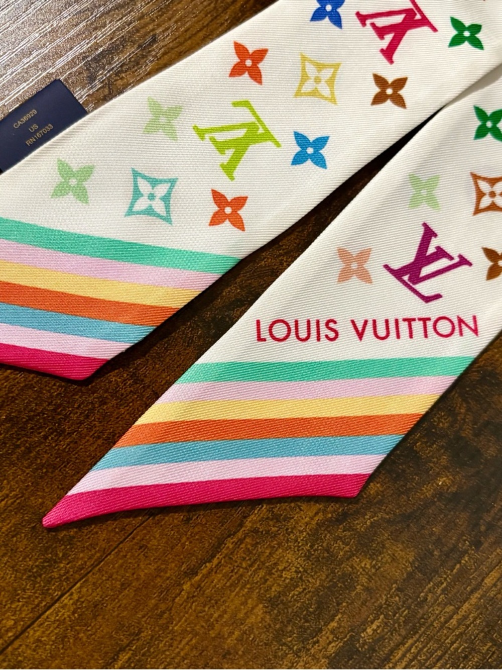 Louis Vuitton Cream Multicolor Monogram Silk Twilly with BB Bandeau White M94963